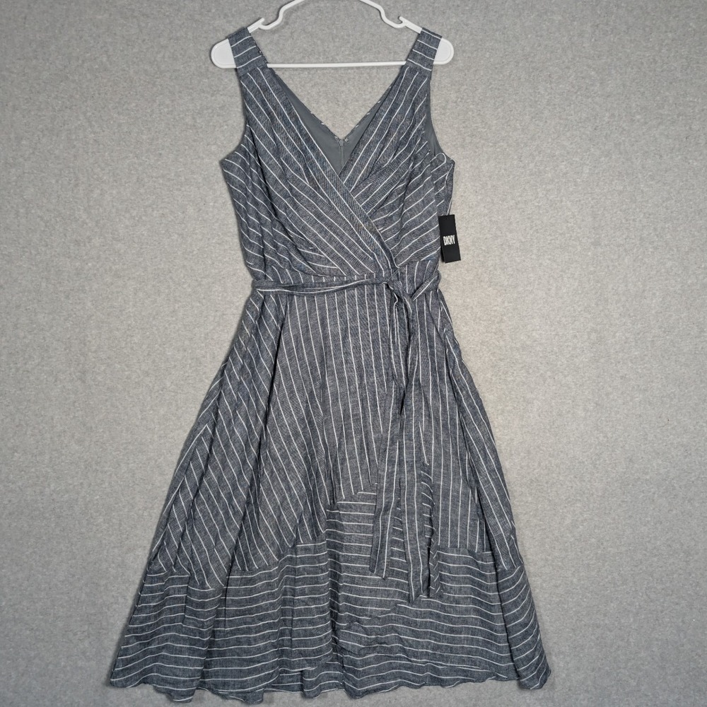 DKNY Midi Dress Size 6 Faux Wrap Linen Blend Belted Coastal Hamptons Nautical